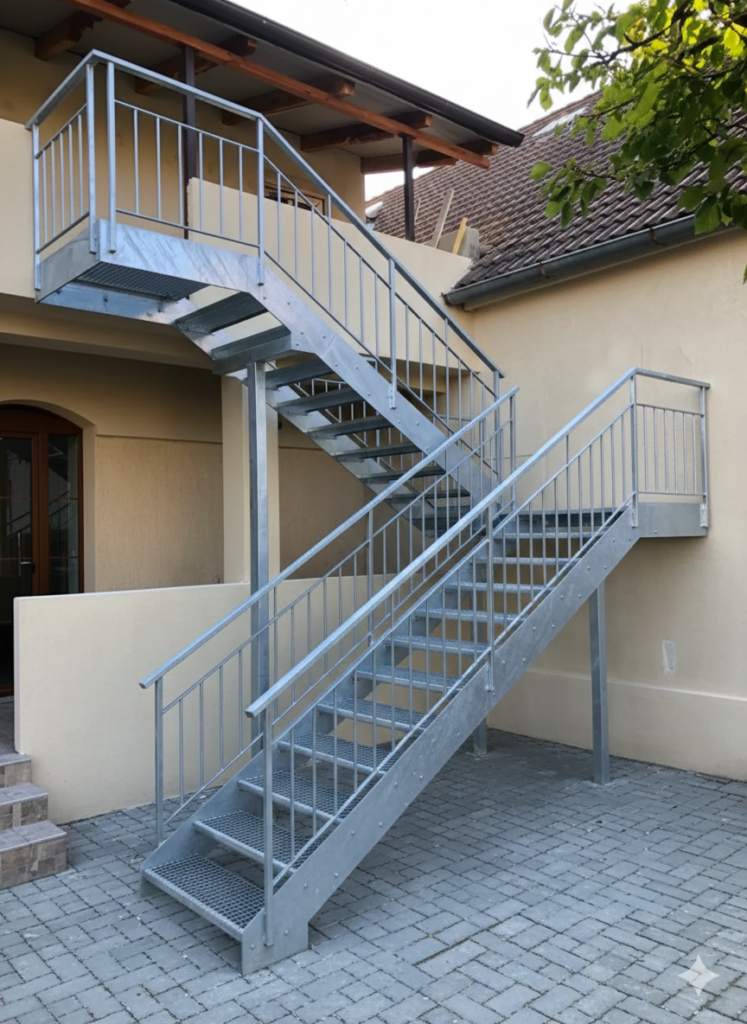 Venkovní ocelové schodiště se zábradlím – žárově zinkované(údržba nula, elegance vedlejší)